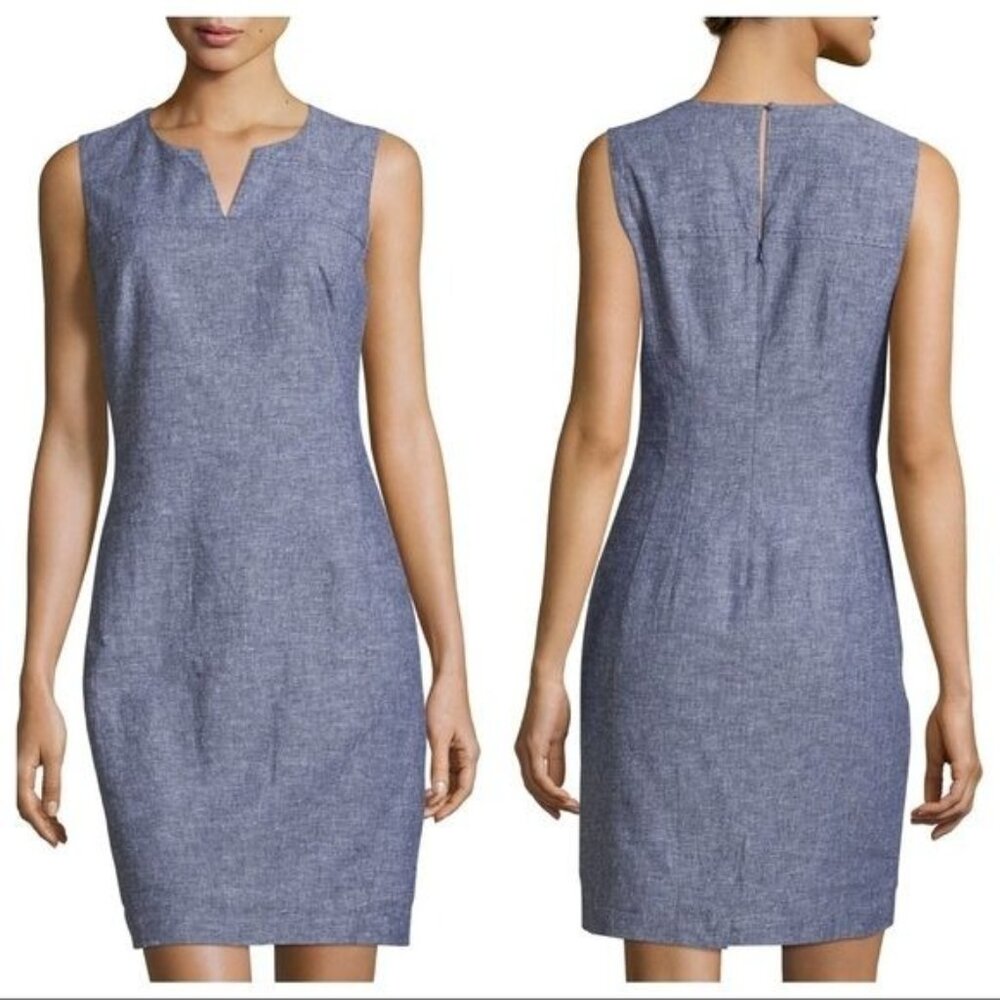 Laundry Shelli Segal‎ 4 Blue Chambray Linen Sleeveless Shift Dress Back Slit